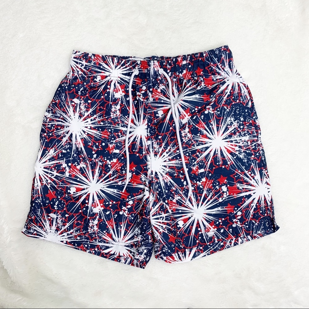 NWOT Jake Austin Fireworks Swim Trunks Red White Blue Men’s Sz S